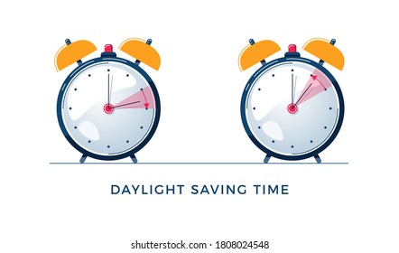 Daylight Saving Time concept. Set of alarm clocks with text. The hand of the clocks turning to winter or summer time. DST change in Northern Hemisphere, vector illustration in modern flat style design