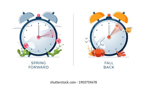 Daylight Saving Time concept. Set of alarm clocks, text fall back, spring forward. Landscapes collection, the clocks turning to summer and winter time for website design. Flat vector illustration