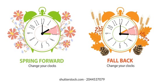 Daylight Saving Time concept. Set of alarm clocks with fall back time and spring forward. Clocks turning to summer and winter time with autumn and spring decoration. Flat vector cartoon illustration.