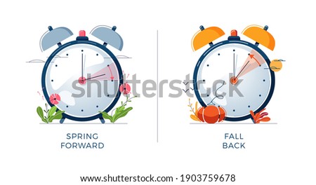 Daylight Saving Time concept. Set of alarm clocks, text fall back, spring forward. Landscapes collection, the clocks turning to summer and winter time for website design. Flat vector illustration