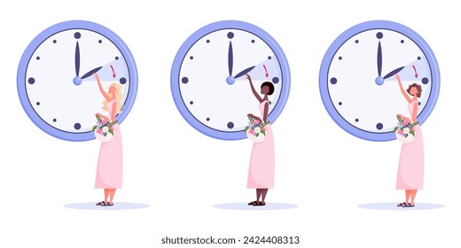 Daylight Saving Time concept. Spring forward vector illustration set. Flat style clock and diverse ethnicity women with flowers in pastel colors.