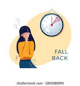 Daylight Saving Time. Confused woman is looking at the clock. Winter time concept. Text fall back. The hand of clock is turning to winter time. Character vector illustration, modern flat style design