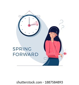 Daylight Saving Time. Confused woman is looking at the clock. Summer time concept. Text spring forward. The hand of clock is turning to summer time. Character vector illustration, modern flat design