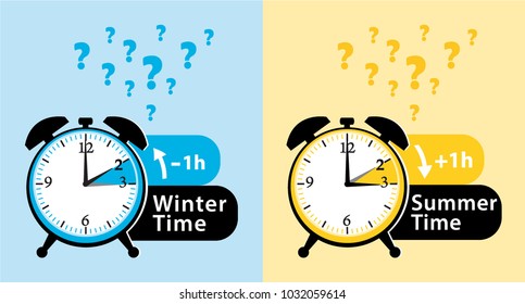 Daylight saving time date question. Colorful fall back and spring forward alarm clocks set. Colorful vector illustration.