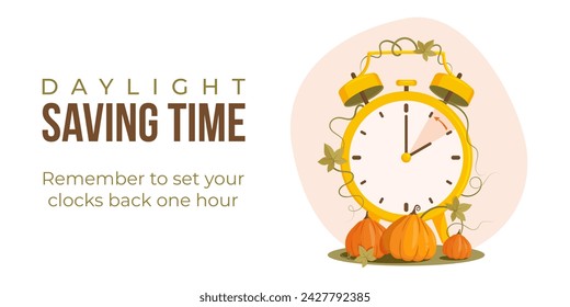 Daylight saving time end concept banner, poster. Fall back time. Clock with pumpkin, time changing to wintertime vector illustration.