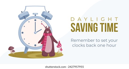 Daylight saving time end concept. Fall back web banner, poster. Vector illustration with bear in scarf turning alarm clock hand an hour backward.
