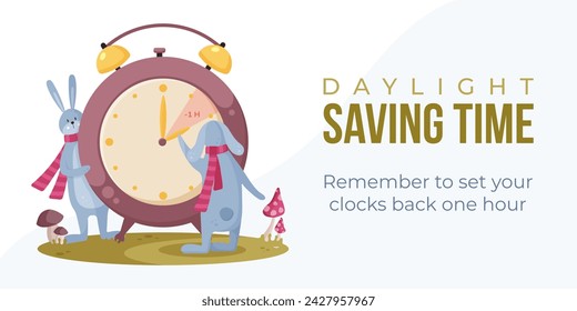 Daylight saving time end concept web banner, poster with two hares. Fall back. Reminder schedule about changing time. Rabbits in scarfs turning hour back on alarm clock.