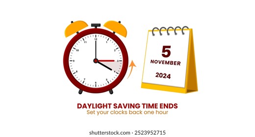 Daylight saving time end. Fall back, set clock back one hour. Minimalist alarm clock design. Vector illustration