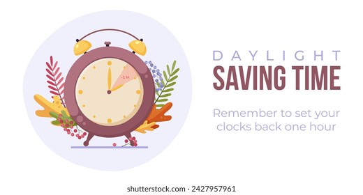 Daylight saving time end web banner, poster. Minimalist alarm clock with autymn leaves and berries, clock hand turning back to winter time. Fall back concept vector illustration.