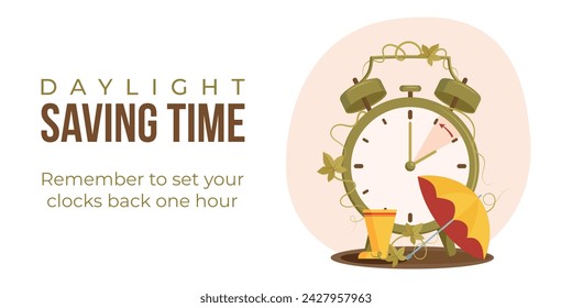 Daylight saving time end web banner, poster. Minimalist alarm clock with umbrella and rubber rain boots, clock hand turning back to winter time. Fall back concept vector illustration.