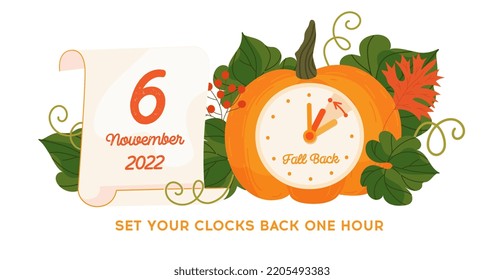 Daylight saving time ends 2022, Fall Back banner. Alarm clock and calendar date of sunday, November 6. Fall Backward vector illustration with clocks and pumpkin. Reminder text set clock back one hour