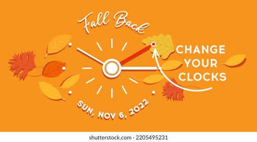 Daylight saving time ends 2022, Fall Back banner. Alarm clock and calendar date of sunday, November 6. Fall Back vector illustration with changing clocks and reminder text set clock back one hour
