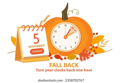 Daylight saving time ends 2023, Fall Back banner. Alarm clock and calendar date of sunday, November 5. Fall Backward vector illustration with clocks and pumpkin. Reminder text set clock back one hour