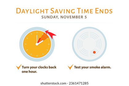 Daylight saving time ends 5 november 2023 banner. Fall back time. Banner reminder with info about changing time and batteries in smoke alarm. Clock back one hour. USA and Canada