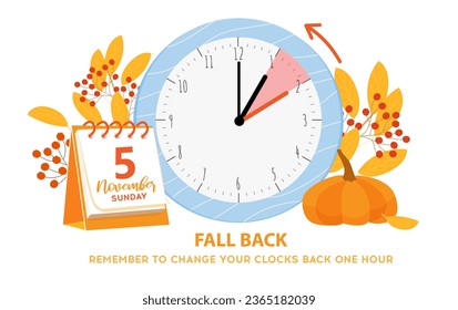 Daylight saving time ends 5 november 2023 banner. Fall Back time. Banner with alarm clock and calendar date with info. Clocks change back one hour. USA and Canada