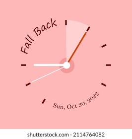 Daylight Saving Time ends abstract concept. Setting time back one hour. Winter time. Large pink clock with inscriptions, hands and date. October 30. Cartoon contemporary flat vector illustration