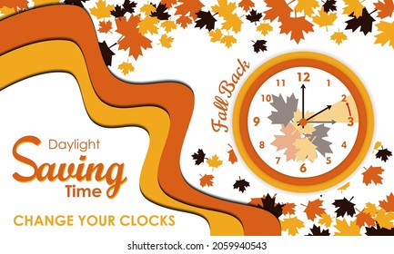 Daylight Saving Time Ends Background. Change Your Clock's Message. Fall Back. With Leaf And Clocks Icon. Premium And Luxury Vector Illustration