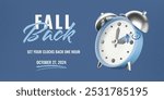 Daylight saving time ends banner. Isolated 3D realistic alarm clock on blue halftone textured background, charcoal arrow and underline. Fall Back time 2024. Vector illustration