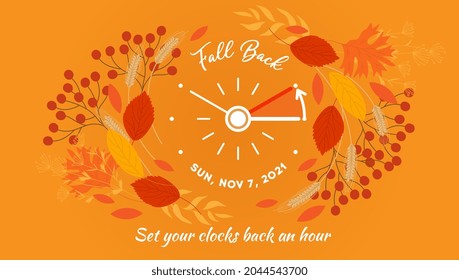 Daylight Saving Time ends banner. Changing the time on the watch to winter time, fall backward concept. Set clocks back with date of november 7, 2021 on autumn foliage background. Vector illustration