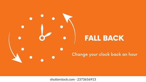 Daylight Saving Time ends, banner. Graphic minimalist clock with turning clock hands to winter time. Fall backward concept. Vector illustration