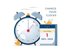 Daylight Saving Time Ends Concept. Calendar With Marked Date, Text Change Your Clocks. The Hand Of The Clocks Turning To Winter Time. DST Ends In Usa, Vector Illustration In Modern Flat Style Design