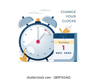 Daylight Saving Time ends concept. Calendar with marked date, text Change your clocks. The hand of the clocks turning to winter time. DST ends in usa, vector illustration in modern flat style design