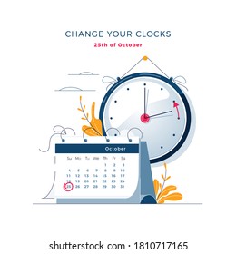 Daylight Saving Time ends concept. Calendar with marked date, text Change your clocks. The hand of the clocks turning to winter time. DST ends in Europe vector illustration, modern flat style design