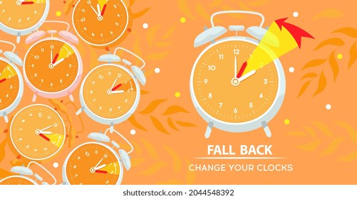 Daylight Saving Time ends concept, Fall Back. The clock hand turns to winter time. Clock on an autumn background with decoration from autumn foliage. Vector design illustration in flat cartoon style