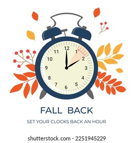 Daylight saving time ends concept banner. Fall Back time. Allarm clock with autumn leaves and branches. Isolated vector illustration 