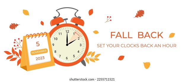 Daylight saving time ends concept banner. Fall Back time. Allarm clock with autumn leaves and calendar. Vector illustration