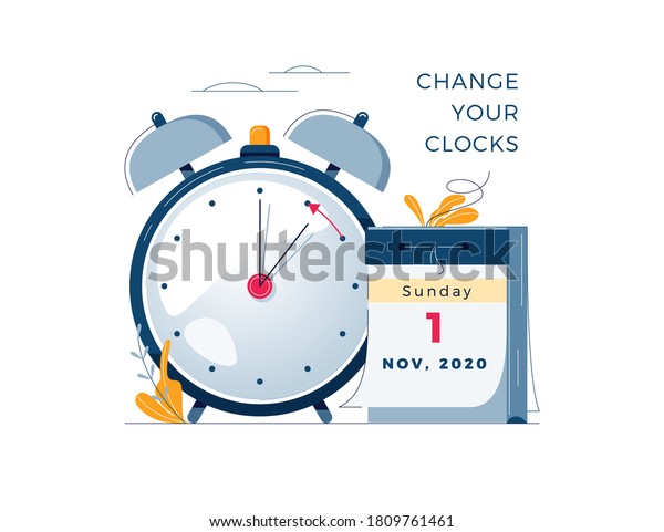 Daylight Saving Time ends concept. Calendar with
marked date, text Change your clocks. The hand of the clocks
turning to winter time. DST ends in usa, vector illustration in
modern flat style
design