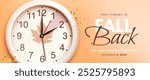 Daylight saving time ends. Fall back concept banner with realistic wall clock and golden confetti on orange background. Don