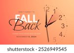 Daylight saving time ends. Fall back concept banner with wall clock face, realistic hands and golden confetti. Clock Dial with hands moving backward by an hour in november 3, 2024. Vector illustration