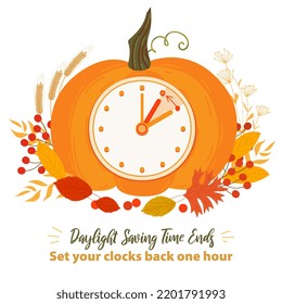 Daylight saving time ends. Fall back time banner. Clock change. Pumpkin alarm clock with autumn leaves. The reminder schedule set your clocks back one hour. Vector illustration isolated on white