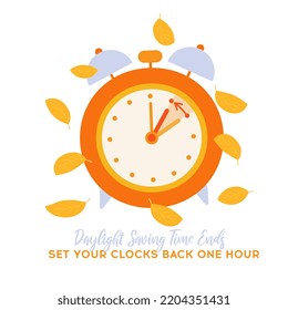 Daylight saving time ends, Fall Back concept banner. Clock change back one hour. Orange alarm clock and turning arrow to back one hour with fall leaves. Reminder schedule. Vector illustration isolated