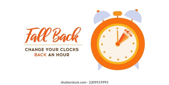 Daylight saving time ends, Fall Back concept banner. Clock change back one hour. Orange alarm clock and turning arrow to back one hour Reminder schedule. Vector illustration isolated on white