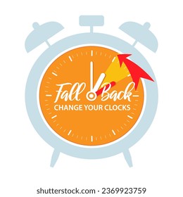 Daylight saving time ends. Fall Back. Clock change back. Simple banner with orange alarm clock and turning arrow to back one hour. Reminder schedule. Vector flat illustration isolated