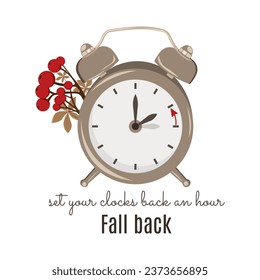 Daylight saving time ends. Fall back change clocks. Vector illustration with a clock turning an hour back. Clocks with autumn leaves and berries.