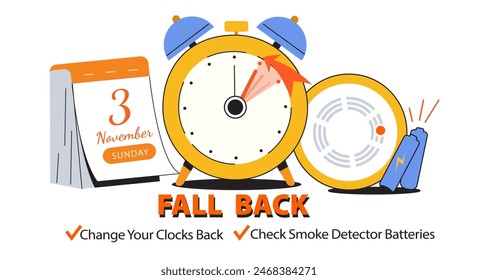 Daylight Saving Time Ends. Fall Back Time Banner. Clock with calendar date of changing time in November 3, 2024 with reminder text - Change Your Clock Back One Hour and Check Smoke Detector Batteries