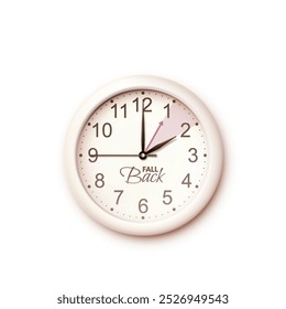 Daylight saving time ends. Fall back design element. Modern realistic beige wall clock isolated on white background. Clock face with hands moving backward by an hour. November 3. Vector illustration