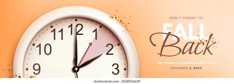 Daylight saving time ends. Fall back concept banner with decorative realistic wall clock and golden confetti on orange background. Design for poster, flyer, post in social media. Vector illustration