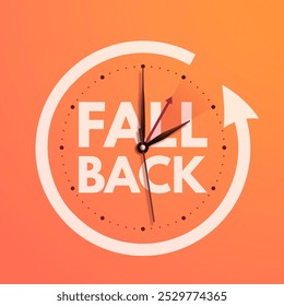 Daylight saving time ends. Fall back banner with realistic clock hands on orange background. Post design with text reminder of time change to one hour back for social networks. Vector illustration