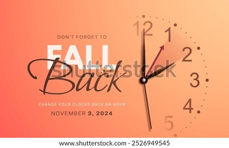 Daylight saving time ends. Fall back concept banner with wall clock face, realistic hands and golden confetti. Clock Dial with hands moving backward by an hour in november 3, 2024. Vector illustration