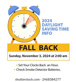 Daylight Saving Time Ends info schedule. Fall back Time in November 3, 2024 Web Banner with reminder text - Set Clocks back and Check Smoke Detector Batteries. Vector illustration