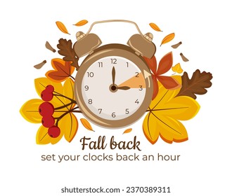 Daylight Saving Time Ends November 5, 2023. Alarm Clock Set To Clock Back One Hour on Background Autumn Foliage. WinterTime, Fall Back.