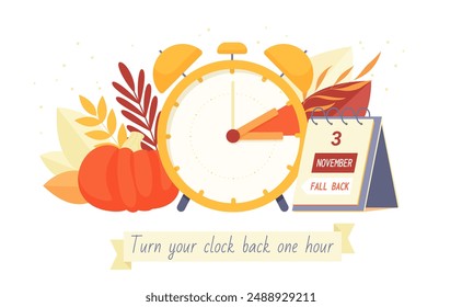 Daylight saving time ends, reminder banner design. Alarm clock and autumn season harvest, 3 November 2024 deadline date on calendar, Turn your clock back one hour text cartoon vector illustration