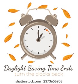 Daylight Saving Time ends. Turn your clock back. Autumn landscape with text Fall Back, the hand of the clocks turning to winter time. Minimalist design with clock and leaves.