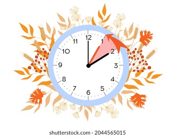 Daylight saving time ends. Vector illustration with a clock turning an hour back. Clocks in a floral frame of autumn orange foliage.