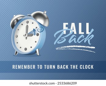 Daylight saving time ends vector illustration. 3D alarm clock on gradient blue halftone textured background. Fall Back time