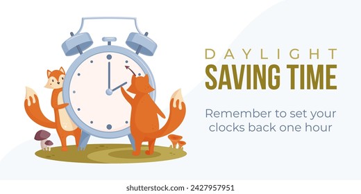 Daylight saving time ends.Fall back web banner, poster. Vector illustration with foxes turning alarm clock hand an hour backward.